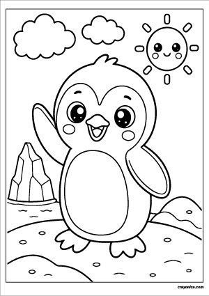 Cute baby penguin coloring page featuring a kawaii penguin chick with a smiling face, snowy landscape, clouds, and a cheerful sun.