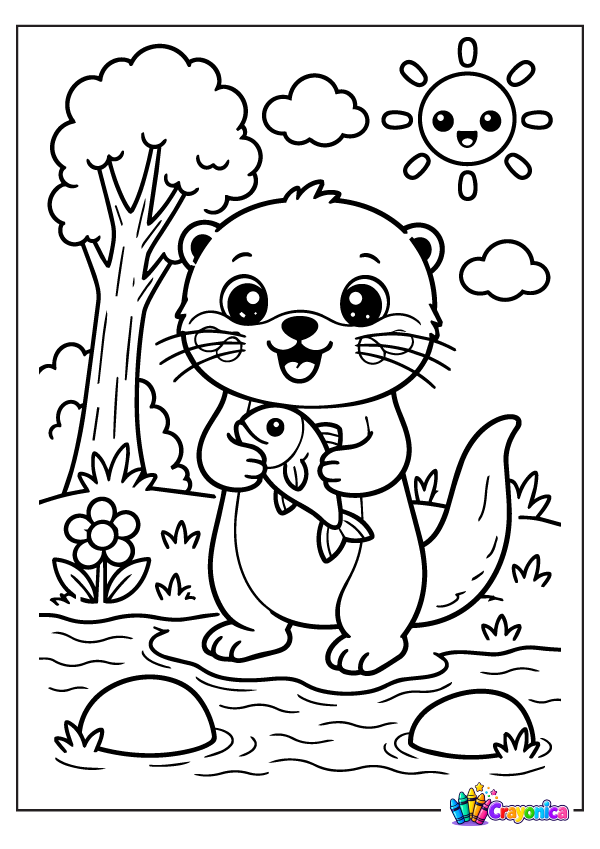 Cute cartoon river otter holding a fish beside a stream with a tree, flowers, grass, and smooth river rocks