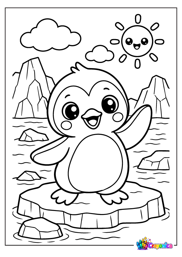 Cute baby penguin waving on an icy landscape with icebergs, snowy hills, clouds, and a smiling sun