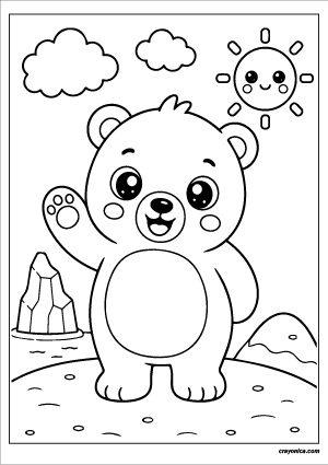 Cute polar bear coloring page featuring a kawaii polar bear with a smiling face, snowy landscape, clouds, and a cheerful sun.