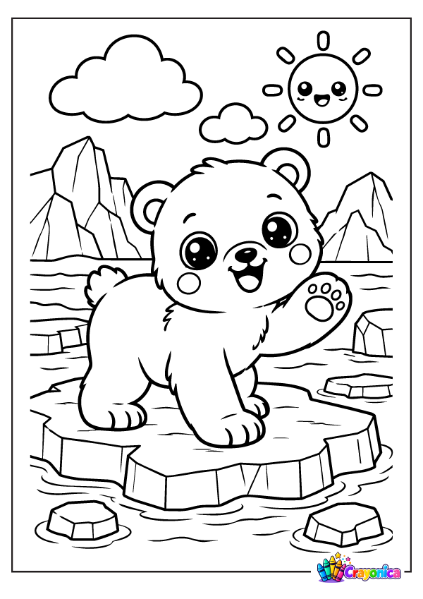 Meet a cute polar bear coloring page with a friendly bear, icy landscape, and snowy hills. A simple Arctic animal activity for little artists.