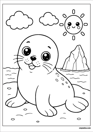 Cute seal coloring page featuring a kawaii seal with a smiling face, snowy landscape, iceberg, clouds, and a cheerful sun.