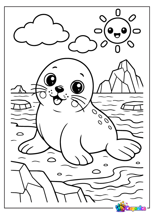 Cute cartoon seal sitting on an icy shore with gentle waves, distant icebergs, fluffy clouds, and a smiling sun