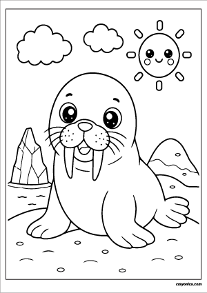 Cute walrus coloring page featuring a kawaii walrus with tusks, smiling face, snowy landscape, iceberg, clouds, and cheerful sun.
