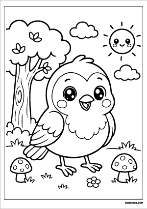 Cute forest robin coloring page featuring a kawaii robin bird with a smiling face, woodland scenery, mushrooms, clouds, and a cheerful sun.