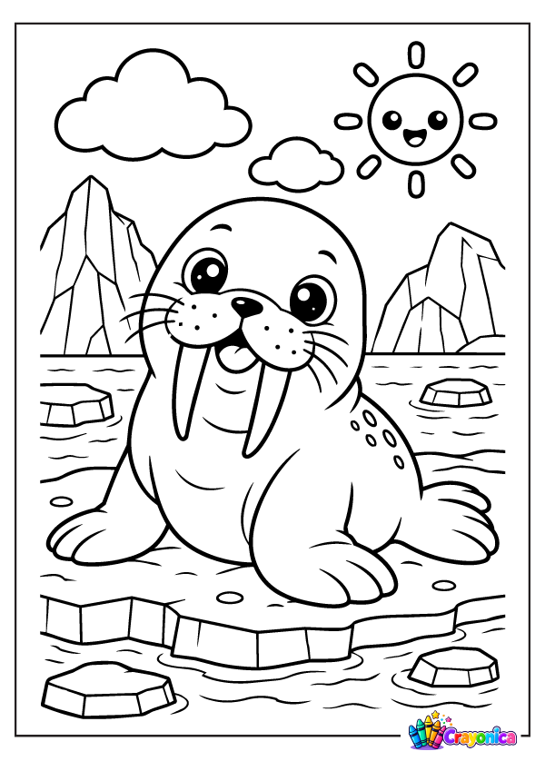 Cute cartoon walrus with long tusks, whiskers, and flippers sitting on an icy Arctic shore with icebergs, clouds, and a smiling sun