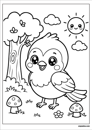 Cute forest bluebird coloring page featuring a kawaii bluebird with a smiling face, woodland scenery, mushrooms, clouds, and a cheerful sun.
