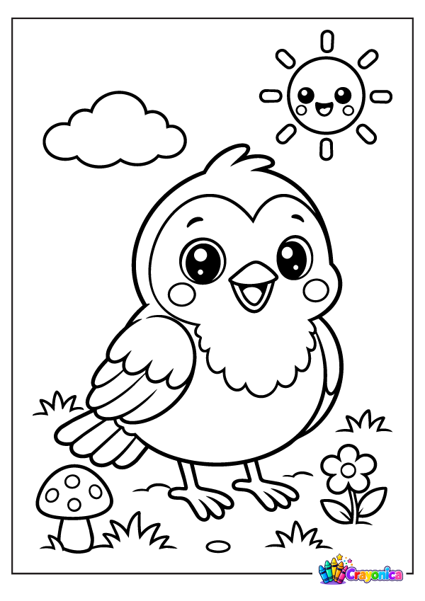 Cute cartoon forest robin with a rounded body, small beak, and feathered wings standing among trees, mushrooms, and flowers