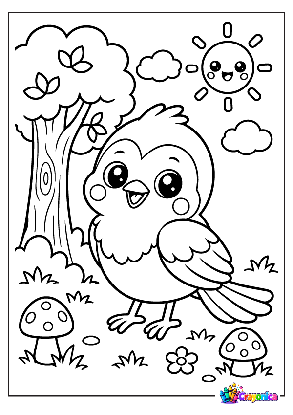 Cute cartoon bluebird with a rounded body, layered wings, and long tail feathers standing beside a leafy tree with mushrooms and flowers