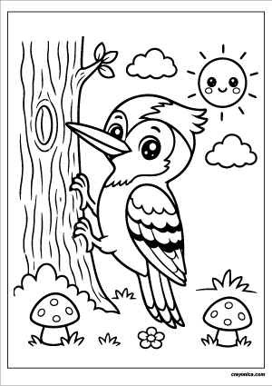 Cute forest woodpecker coloring page featuring a kawaii woodpecker with a smiling face, woodland scenery, mushrooms, clouds, and a cheerful sun.