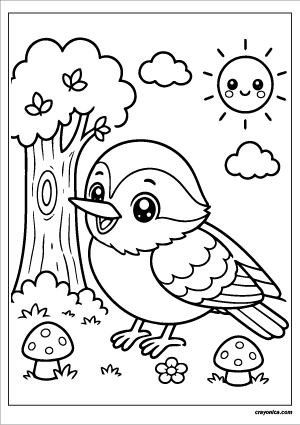Cute forest nuthatch coloring page featuring a kawaii nuthatch with a smiling face, woodland scenery, mushrooms, clouds, and a cheerful sun.