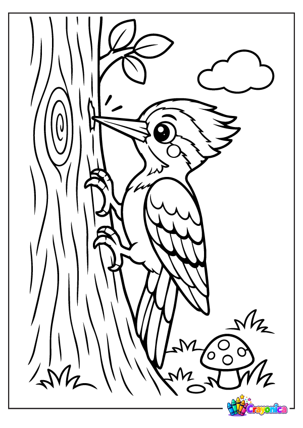 Cute cartoon woodpecker clinging to a tree trunk with its long beak, layered feathers, mushrooms, and small flowers