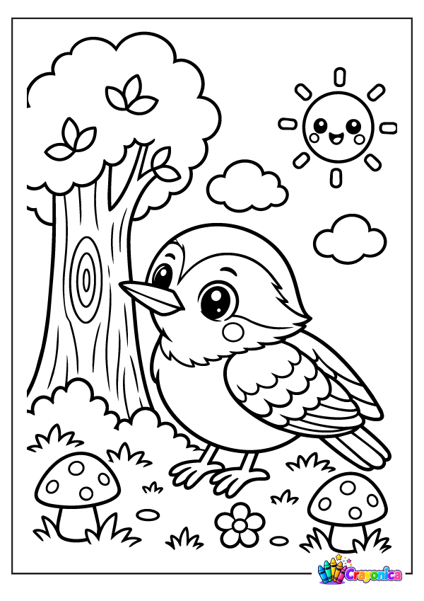 Cute cartoon nuthatch standing beside a tree with a pointed beak, patterned wings, mushrooms, flowers, and a smiling sun