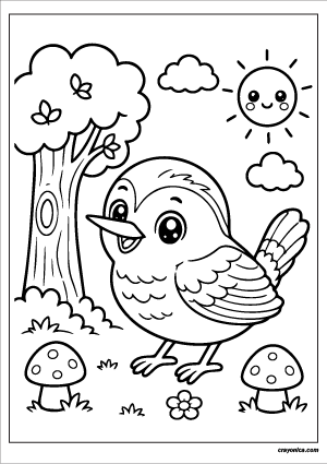 Cute forest wren coloring page featuring a kawaii wren with a smiling face, woodland scenery, mushrooms, clouds, and a cheerful sun.