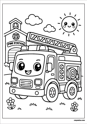 Cute fire truck coloring page featuring a kawaii fire truck with a smiling face, rescue ladder, wheels, clouds, and a cheerful sun.
