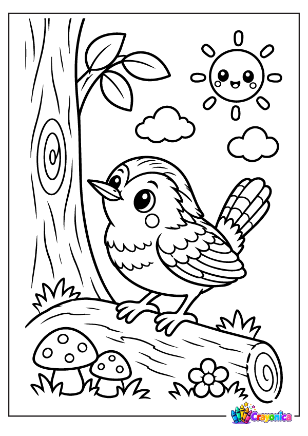 Cute cartoon wren with a rounded body, pointed beak, layered feathers, and raised tail standing beside a tree in the forest