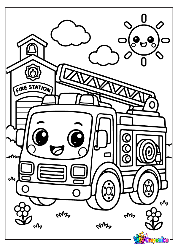 Cute cartoon fire truck with a long ladder, smiling face, detailed wheels, and a fire station in the background