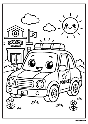 Cute police car coloring page featuring a kawaii police car with a smiling face, police station, clouds, and a cheerful sun.