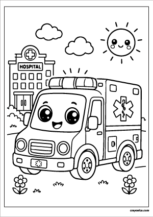 Cute ambulance coloring page featuring a kawaii ambulance with a smiling face, hospital building, clouds, and a cheerful sun.