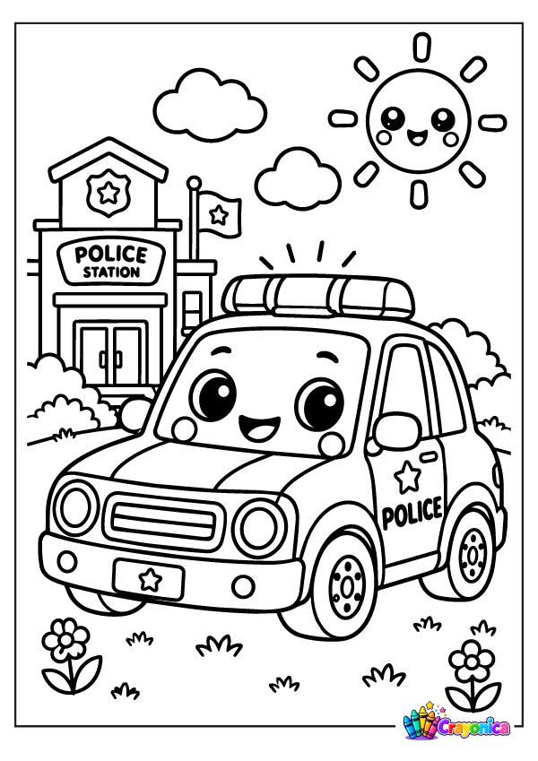 Cute cartoon police car with a rooftop light bar, police badge on the door, smiling face, and police station in the background