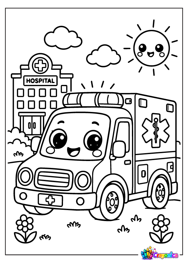 Cute smiling ambulance coloring page with a hospital, happy sun, clouds, flowers, and bold outlines for kids.