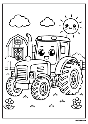 Cute tractor coloring page featuring a kawaii tractor with a smiling face, farm scenery, clouds, and a cheerful sun.