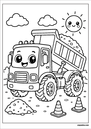 Cute dump truck coloring page featuring a kawaii dump truck with a smiling face, construction scenery, clouds, and a cheerful sun.