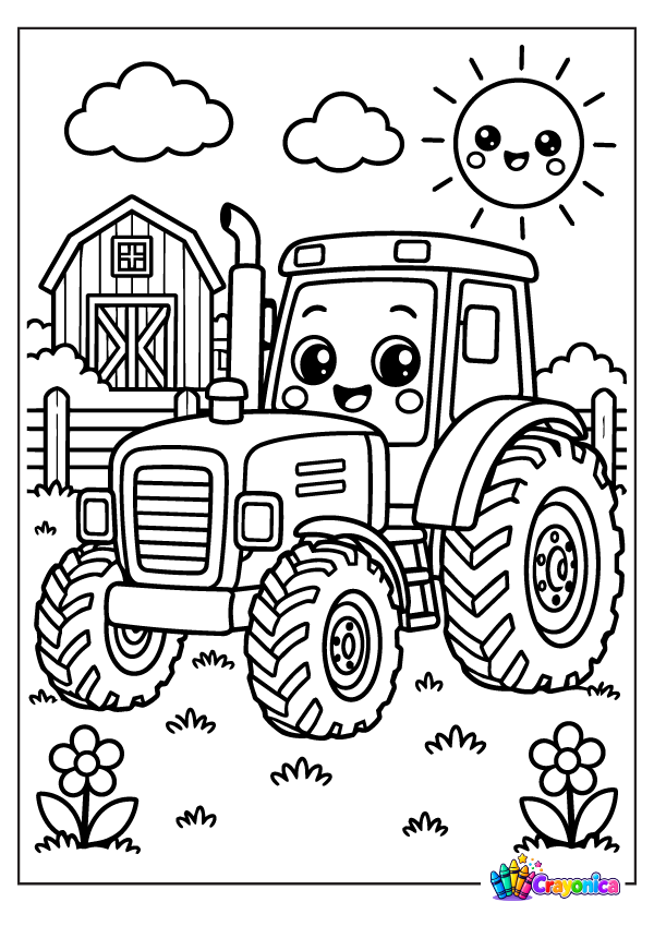 Cute smiling farm tractor with large tires, a red-style barn, fence, flowers, clouds, and a happy sun in a kids coloring page.