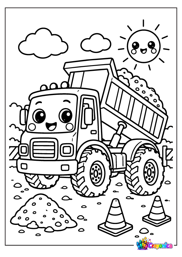 Cute smiling dump truck with a raised bed full of rocks, traffic cones, a pile of gravel, clouds, and a happy sun.