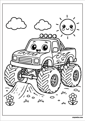 Cute monster truck coloring page featuring a kawaii monster truck with a smiling face, giant wheels, clouds, and a cheerful sun.