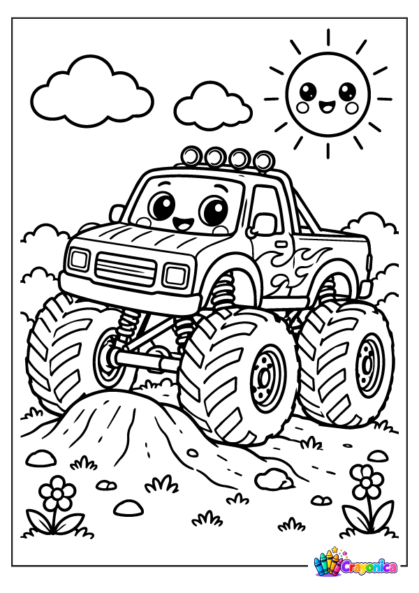 Cute cartoon monster truck with giant treaded tires, a smiling face, a dirt mound, flowers, clouds, and a happy sun.