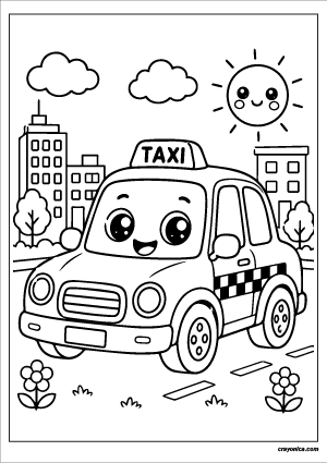 Cute taxi coloring page featuring a kawaii taxi with a smiling face, city scenery, clouds, and a cheerful sun.