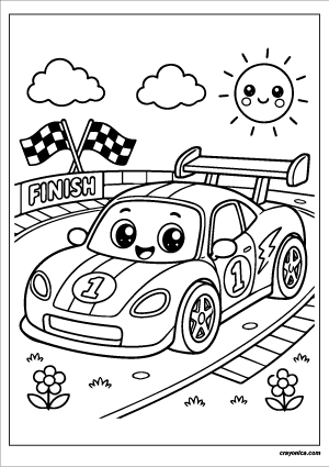 Cute race car coloring page featuring a kawaii race car with a smiling face, racing track, clouds, and a cheerful sun.