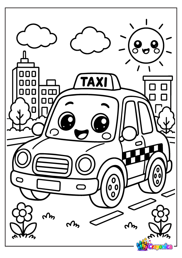 Enjoy a Cute Taxi Coloring Page featuring a happy taxi, city buildings, and a sunny street. A fun coloring adventure for little vehicle lovers!