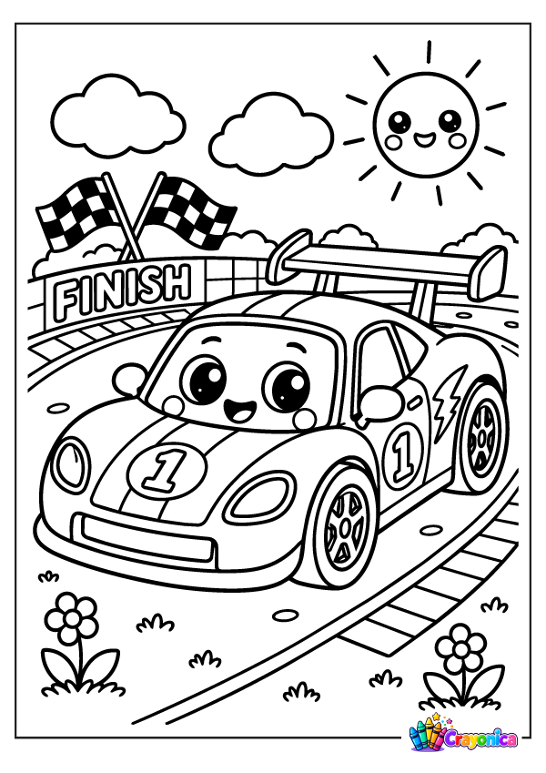 Cute smiling race car with racing number 1, a large rear spoiler, checkered flags, finish line sign, track, flowers, and a happy sun.