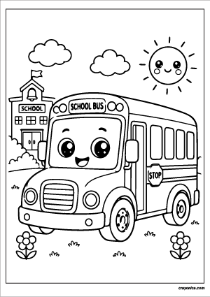 Cute school bus coloring page featuring a kawaii school bus with a smiling face, school building, clouds, and a cheerful sun.