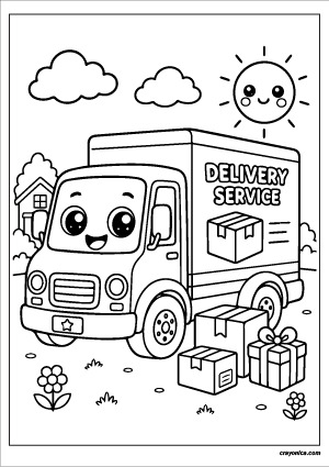 Cute delivery truck coloring page featuring a kawaii delivery truck with a smiling face, packages, clouds, and a cheerful sun.