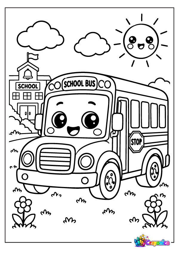 Cute smiling school bus with SCHOOL BUS lettering, a stop sign, school building, flowers, clouds, and a happy sun.