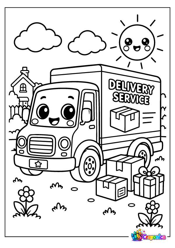 Cute smiling delivery truck with DELIVERY SERVICE lettering, parcels, gift boxes, a little house, flowers, clouds, and a happy sun.