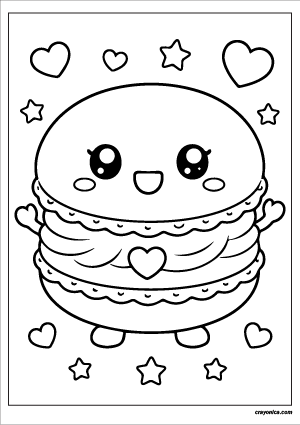Cute kawaii macaron with a smiling face and creamy filling coloring page.