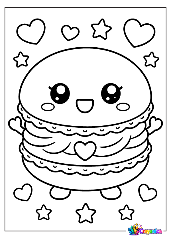 Cute smiling macaron character with layered filling, a heart decoration, tiny feet, and floating hearts and stars.