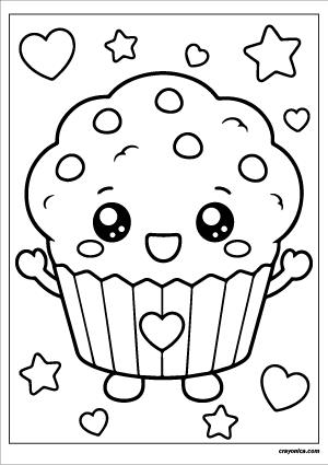 Cute kawaii muffin with a smiling face and fluffy cupcake wrapper coloring page.