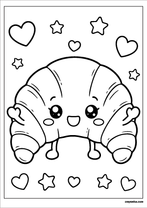 Cute kawaii croissant with a smiling face coloring page.