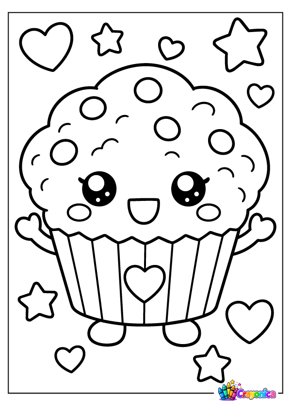 Cute smiling muffin with round toppings, a heart on its wrapper, tiny feet, and floating hearts and stars.