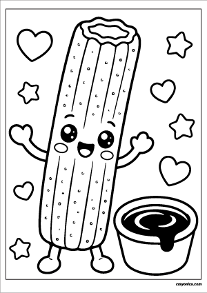 Cute kawaii churro with a smiling face coloring page.