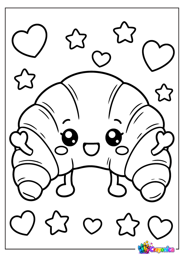 Meet a Cute Croissant Coloring Page with a smiling, flaky pastry, tiny hands, and sweet heart and star decorations for a fun coloring adventure.