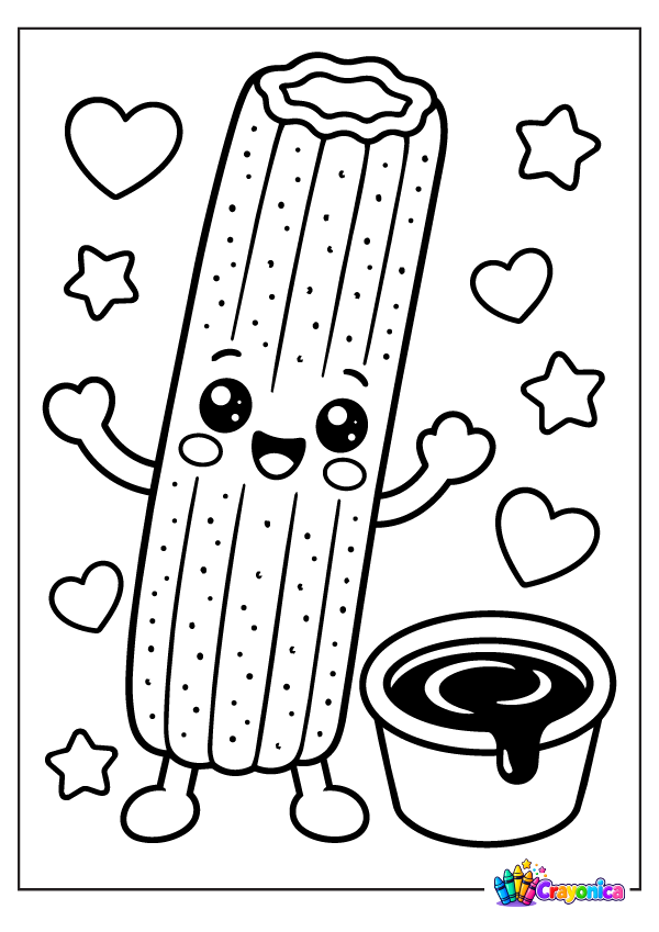 Cute smiling churro character with ridged pastry details, tiny arms and feet, a cup of chocolate dipping sauce, hearts, and stars.