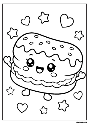 Cute kawaii éclair with a smiling face and chocolate icing coloring page.