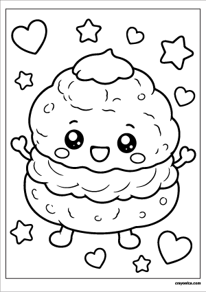 Cute kawaii cream puff with a smiling face coloring page.