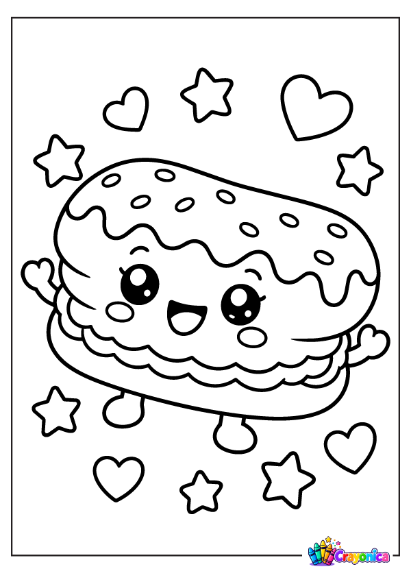 Enjoy a Cute Éclair Coloring Page featuring a smiling cream-filled pastry with sweet icing, tiny feet, and playful hearts and stars to color.